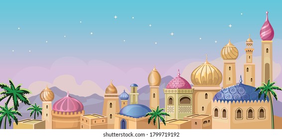 Starry Sky. Oriental Tale. Fairytale Arabic Landscape With Traditional Mud Houses,  Ancient Temple, Mosque. Muslim Cityscape.  Building Religion. Cartoon Fabulous Wallpaper. East Architecture. Vector.