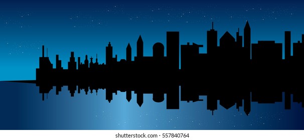 Starry sky over city silhouette and reflection on water
vector cityscape illustration