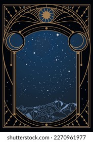 Starry sky over the mountains through the window. Vector illustration