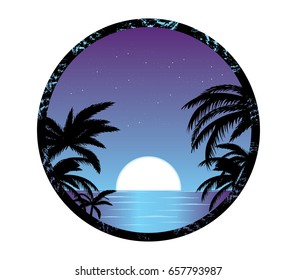starry sky over ocean and palm trees silhouette
vector tropical night illustration, icon