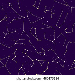 Starry sky pattern seamless, vector background. Zodiacal constellations and other.