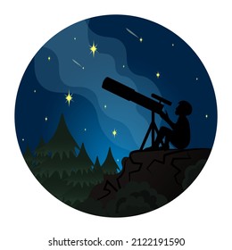 The starry sky, a person watches the stars through a telescope.  Passion for astronomy, the study of the starry sky.