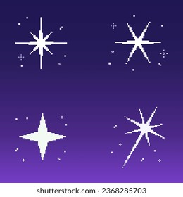 Starry sky pixel art set, sparkling star 8 bit style