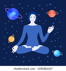 Starry sky, planets - a cheerful girl, with a smile, sitting in an asana pose - abstract, art, illustration, vector. Space exploration. Magic. Occultism. Yoga.