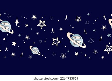 Cielo estrellado con planetas sobre fondo azul oscuro. Frontera perfecta. Ilustración vectorial espacial.
