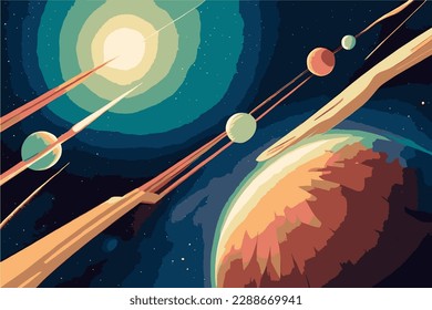 Cielo estelar, planetas, universo estelar, ilustración vectorial, estilo de caricatura de presentación. Ilustración vectorial de dibujos animados.