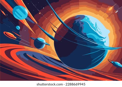 Cielo estelar, planetas, universo estelar, ilustración vectorial, estilo de caricatura de presentación. Ilustración vectorial de dibujos animados.