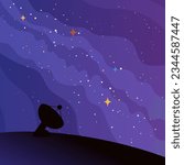 Starry sky and radio telescope vector illustration. Night landscape of space research station antenna with stars and galaxies in sky. Space and universe exploration, science concept