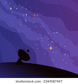 Starry sky and radio telescope vector illustration. Night landscape of space research station antenna with stars and galaxies in sky. Space and universe exploration, science concept