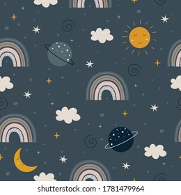 Starry sky and rainbow background Repeat seamless pattern hand drawn cartoon style design Use for publication, wallpaper, textile Vector illustration