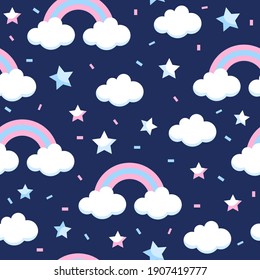 Starry sky with rainbow. Seamless pattern. Cartoon style