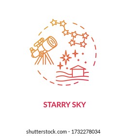 Sternenhimmel rotes Konzeptsymbol Beobachten Sie die Sternbilder mit Teleskop im Dorf. Beobachtung des Nachthimmels. Country camping Idee dünne Linie Illustration. Vektor-RGB-Farbzeichnung