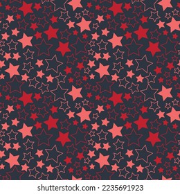 Estrella de color rojo del cielo estrellado sobre fondo oscuro diseño de arte decorativo sin fisuras para diseño y scrapbook. Patrón lindo con estrellas, estilo plano de forma lechosa
