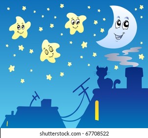 Starry sky with rooftop silhouette - vector illustration.