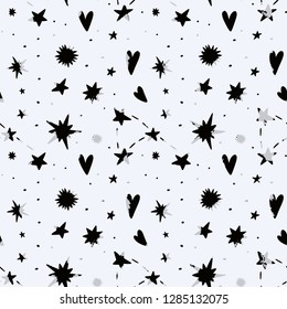Starry sky seamless hand drawing pattern. Vector print with dark stars and hearts on light background