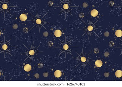 starry sky seamless pattern with solar system, sun and planets