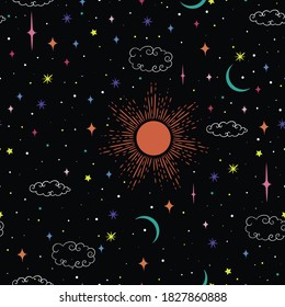 Starry sky seamless pattern with sun and moon. Vector graphics.