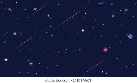 Fondo de arte vectorial Starry Sky Space. Lleno de estrellas planeta y luz. Hermoso arte de la ilustración espacial.