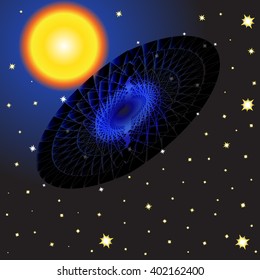 Starry Sky, Sun And Black Hole, Image In A Cartoon Style