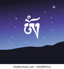 Starry sky and Tibetan Om symbol, vector