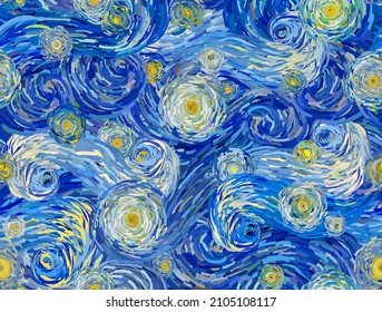 Starry sky and turbulent clouds abstract background. Seamless vector pattern in the style of impressionist paintings.