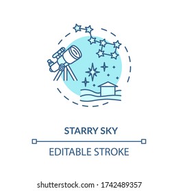 Starry sky turquoise concept icon. Watch constellation with telescope. Night sky observation. Country camping idea thin line illustration. Vector isolated outline RGB color drawing. Editable stroke
