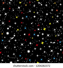 The starry sky of the universe. Abstract children's simple space frame. Constellation of the Galaxy on a black seamless background. Vector illustration.