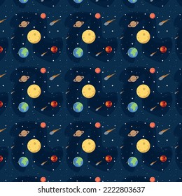 The starry sky of the universe. Planet earth and stars. Abstract seamless pattern background constellation of the galaxy on a black background. View dreaming of being an astronaut. Space decorated kid