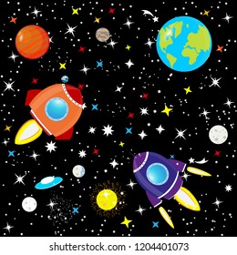 The starry sky of the universe. Spaceship in space among stars, planet Earth and stars. Abstract background the constellation of the Galaxy on a black background. Vector.