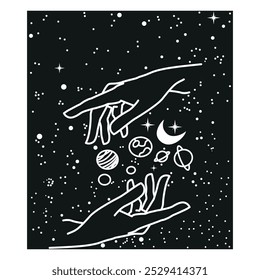 Starry sky vector. Black background. Hand drawing. Between the palms of the planet and the star.