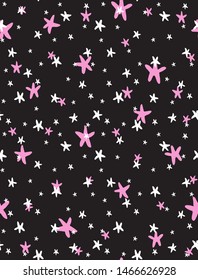 Starry Sky Vector Pattern. Irregular Hand Drawn Simple Graphic with White and Pink Stars Isolated on a Black Background. Night Sky Illustration. Infantile Style Design for Card, Textile, Fabric. 