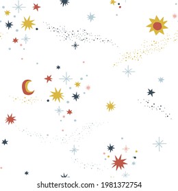 Sternenhimmel, nahtloses Muster. Dots Sterne auf rosafarbenem Hintergrund. Milchweidedesign für Kinder. Skandinavische Boho kosmische Kindergarten.