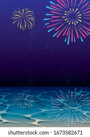 Starry sky waterside fireworks background material