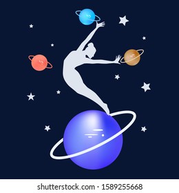 Starry sky - woman dancing on the planet - illustration, abstract, art, vector. Magic. Occultism. Space galaxy Space everything