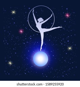 Starry sky - woman with a hoop - illustration, abstract, art, vector. Magic. Occultism. Space galaxy