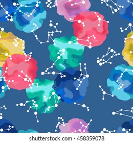 Starry Sky. Zodiac constellation. Stains and blots. Seamless vector pattern (background). Bright print.