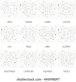 Starry sky zodiac signs and their names with black stars on a white background.