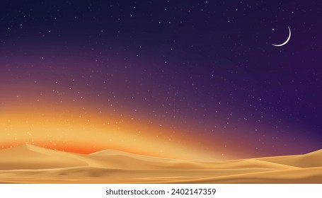 Starry sky,Ramadan Kareem Night on Desert Sand Dunes,Beautiful Universe Space Background of Galaxy landscape.Sunset twilight dusk sky for Islamic religion,Eid al Adha,Eid Mubarak,Eid al fitr