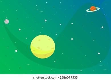 Starry space horizontal background. Large and small planets and comets. Gradient. Fantastic illustration about beauty of universe. Intergalactic space. An alien solar system.