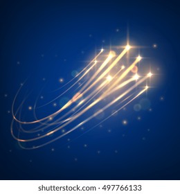 Starry space seamless pattern background of bright shining meteors flying through the dark blue sky with glowing sparkles of stars. Use as cosmic theme or romantic backdrop design