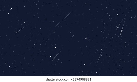 Starry space seamless pattern horizontal vector background. Cosmos, night sky with flying asteroids or comets. Cosmic wallpaper, screensaver with celestial bodies in dark deep undiscovered Universe