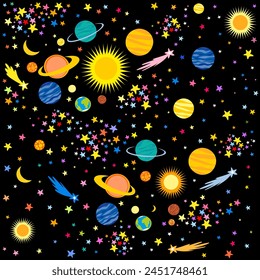 Starry space seamless pattern. Аstronomy science starlight background or night sky wallpaper vector pattern. Universe starry pattern with glowing stars and comets. Abstract vector background.