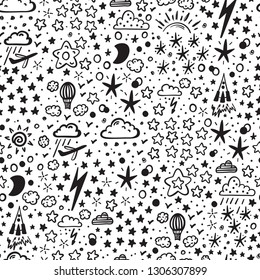Starry Space Sky Vector Seamless Pattern for Kids. Hand Drawn Doodle Air Transport, Rain Clouds and Stars Background