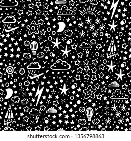 Starry Space Sky Vector Seamless Pattern for Kids. Hand Drawn Doodle Air Transport, Rain Clouds and Stars Background