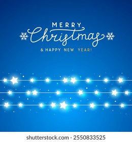 Starry sparkle border on blue background for Merry Christmas and New Year greeting card design 