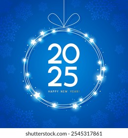 Starry sparkle Christmas ball with 2025 numbers on blue background for Merry Christmas and New Year greeting card design 