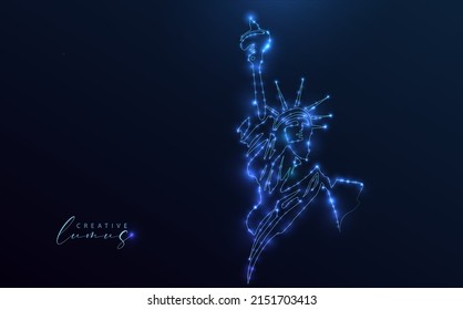 Starry Statue of Liberty. Outline design with neon blue lights and stars in space or universe. Modern vector image for technology and business.
