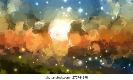 Starry sun landscape brush strokes background. Vector version