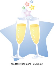 A starry toast with champagne; two glasses of champagne toasting to celebrate a special occasion. Vector illustration