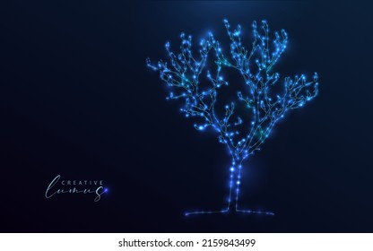 Árbol de estrellas. Símbolo de la naturaleza estilizado sobre fondo oscuro. Luz de neón en el universo. Silueta, contorno, estilo holográfico.